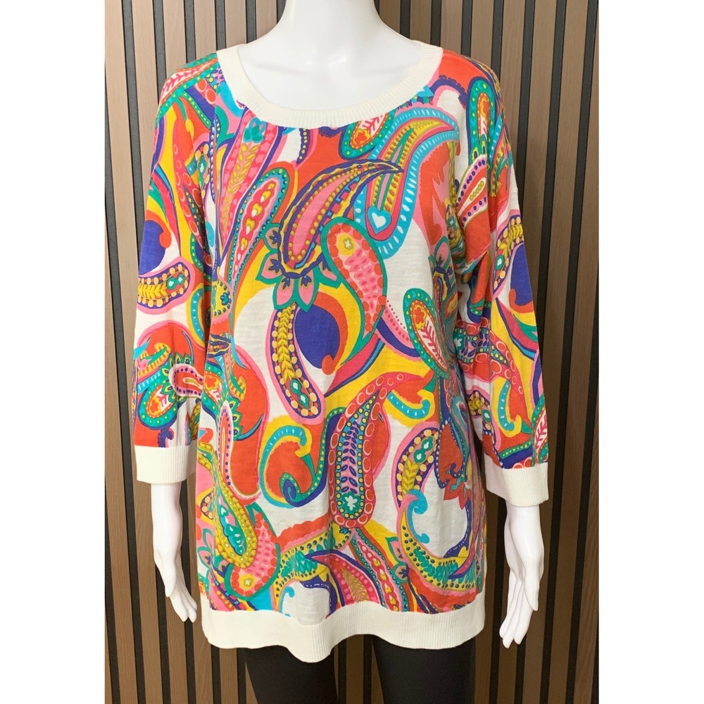 Talbots Plus Women's 1X Cotton Knit Sweater Multi Color Paisley 3/4 Sleeve Top
